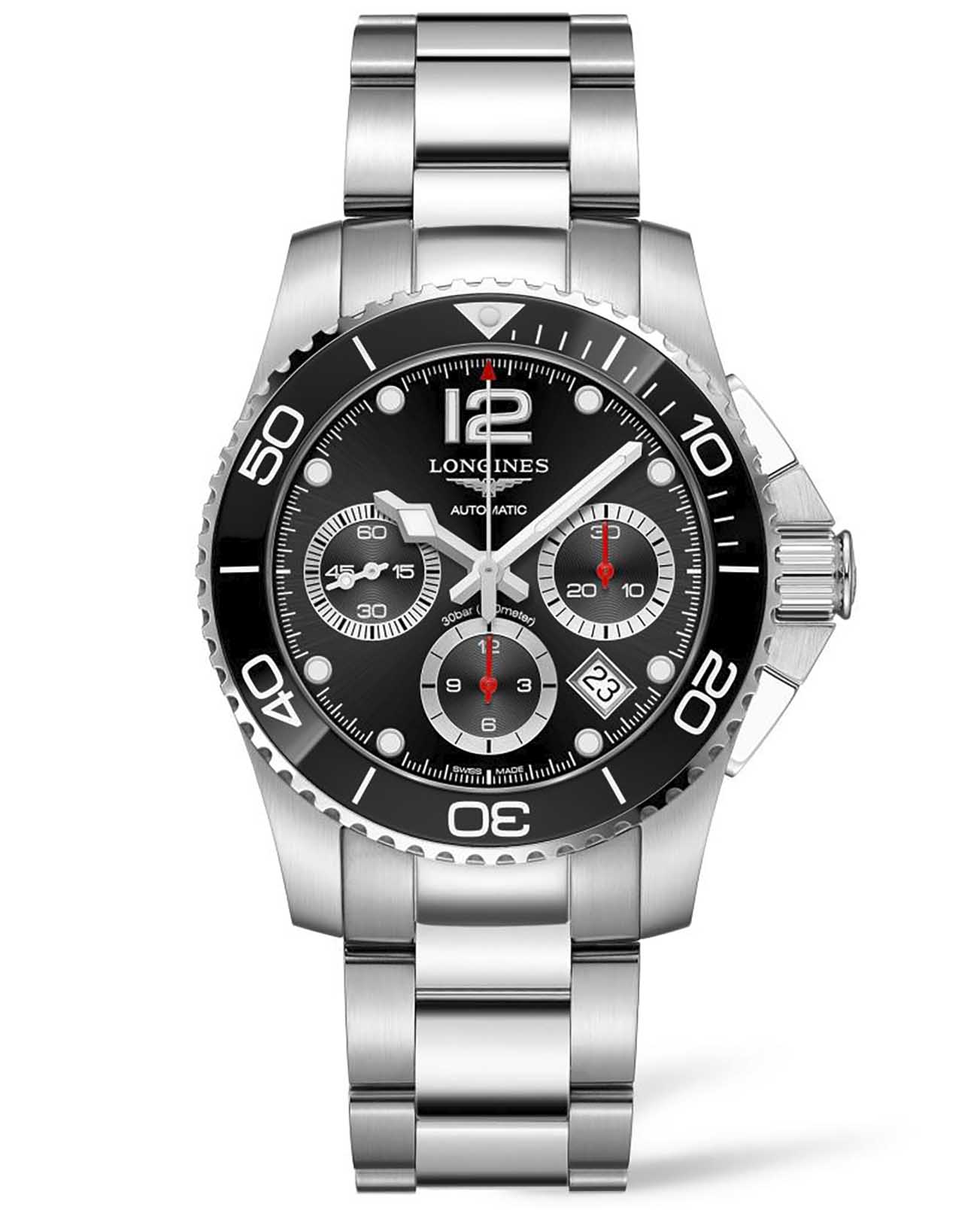 Longines Longines HydroConquest L3.783.4.56.6  L37834566 механические мужские часы черный циферблат, браслет нержавеющая сталь — вид спереди